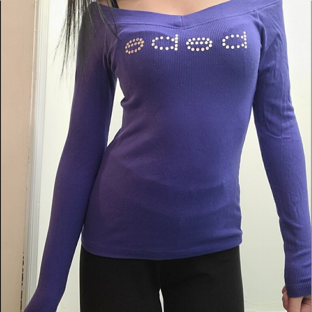 royal blue bling logo long sleeve off shoulder